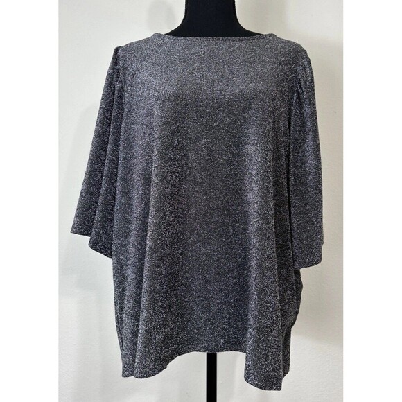 Ellos Black & Silver Metallic Pullover Elbow Sleeve Blouse Plus Size 1X  (22/24) - Picture 1 of 9